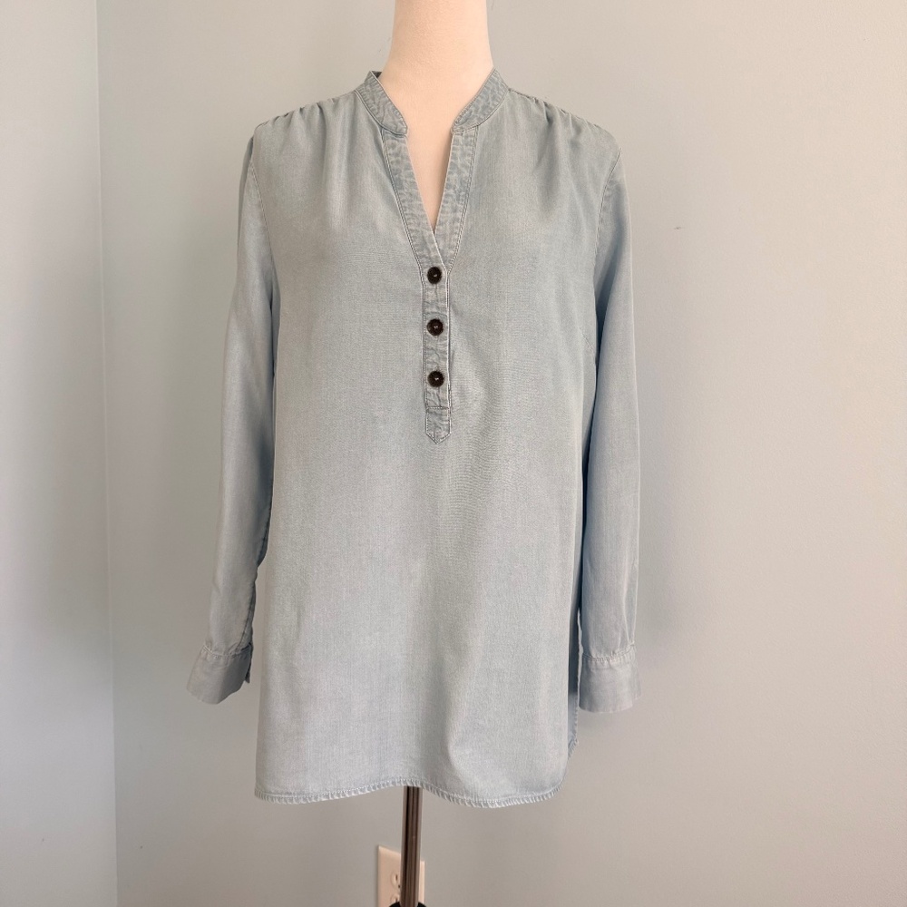 Soft Surroundings Adelaide Chambray‎ Tunic Top Size L Light Blue Denim Tencel